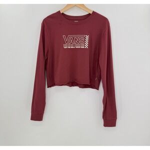 Vans Juniors‎ Long Sleeve Crop Top Red Checkerboard Logo Graphic Tee Shirt Large